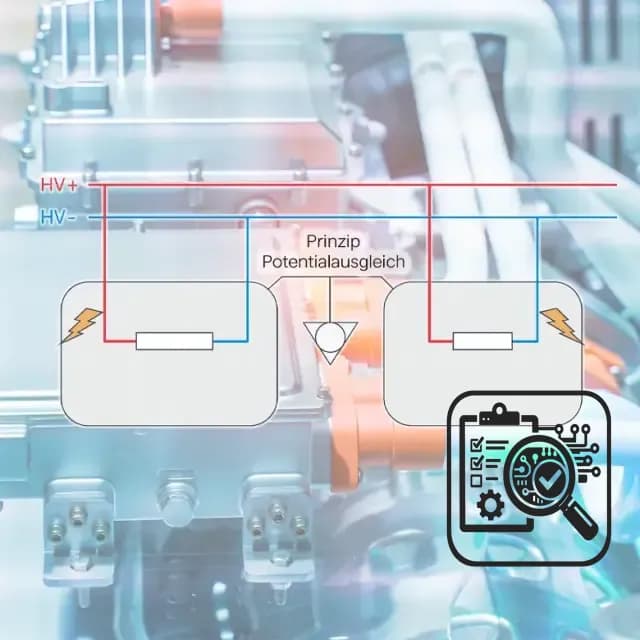 Potentialausgleich im Hochvolt-System: Messung des Übergangswiderstands gemäß UN-ECE R100 (<0,1 Ω) an HV-Komponenten und Fahrzeugkarosserie.