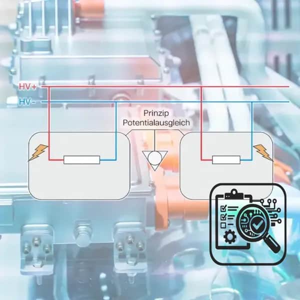 Potentialausgleich im Hochvolt-System: Messung des Übergangswiderstands gemäß UN-ECE R100 (<0,1 Ω) an HV-Komponenten und Fahrzeugkarosserie.